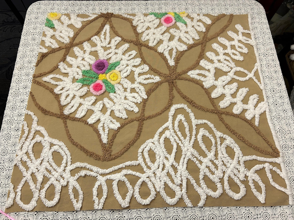 Sculpted Vintage Chenille Fabric 27x24" Piece Chocolate Brown & White