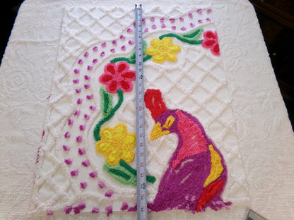 colorful peacock vintage chenille fabric piece, 19" x 25" panel, great for wallhanging or quilt inlay