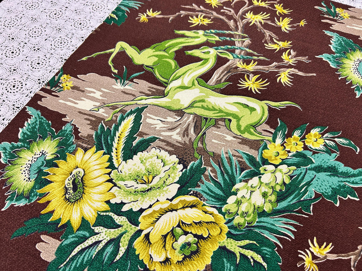 Vintage Barkcloth Fabric – Leaping Gazelles, Fantasy Florals Brown 19.5 x 20 in Cut Piece