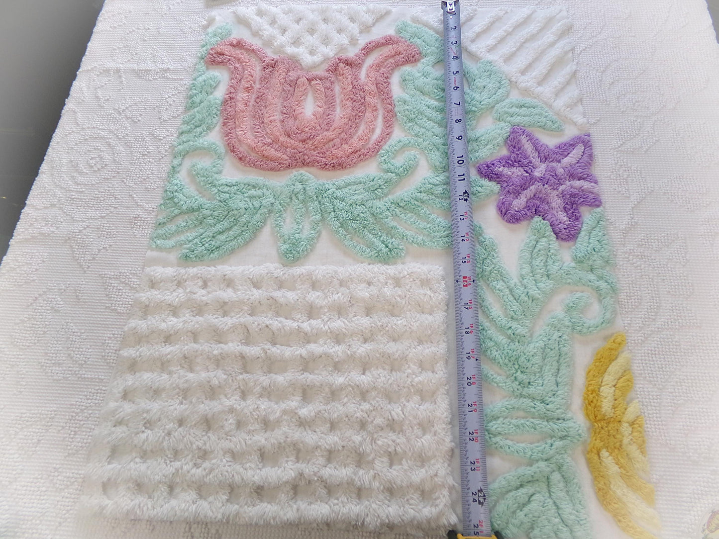 big pink tulip vintage chenille fabric, tropical floral design on white cotton, 18" x 24" piece, upcycle for wallhanging, pillows