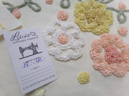 cottage floral vintage chenille fabric, buttercup yellow quilt sewing material, large 19" x 40" piece
