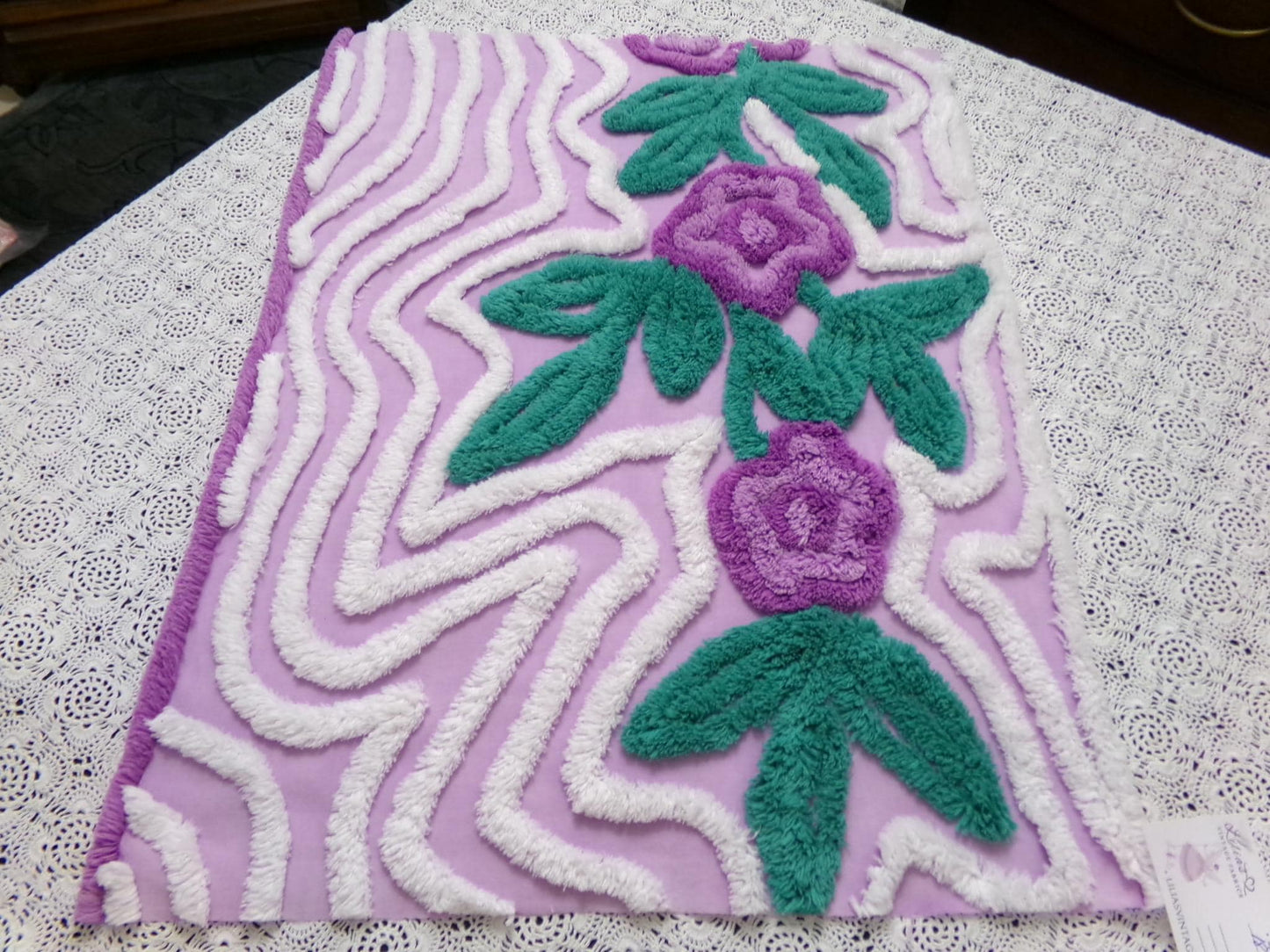 Violet Roses Vintage Chenille Bedspread Fabric 18x23" Sweeping White Waves