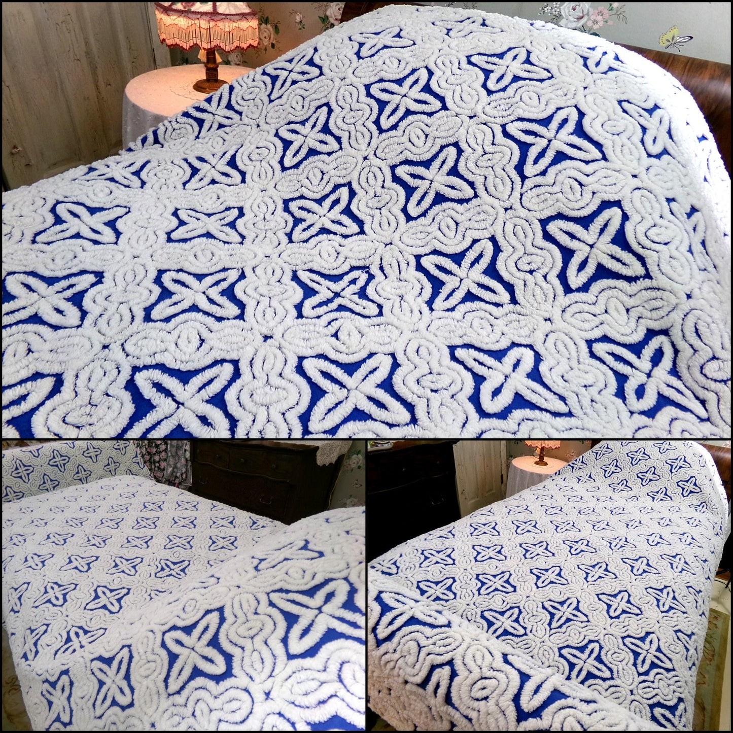 Mystic Gothic Cross Vintage Chenille Bedspread, Plush White Tufting on Cobalt Blue, 100% Cotton Luxury Full Size Bedding