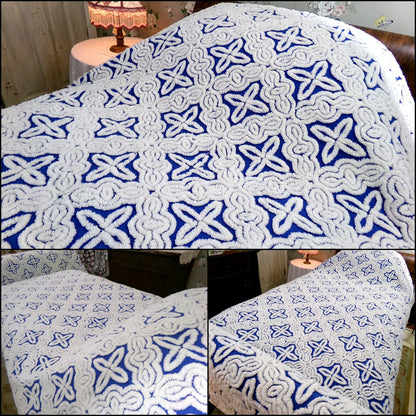 Mystic Gothic Cross Vintage Chenille Bedspread, Plush White Tufting on Cobalt Blue, 100% Cotton Luxury Full Size Bedding