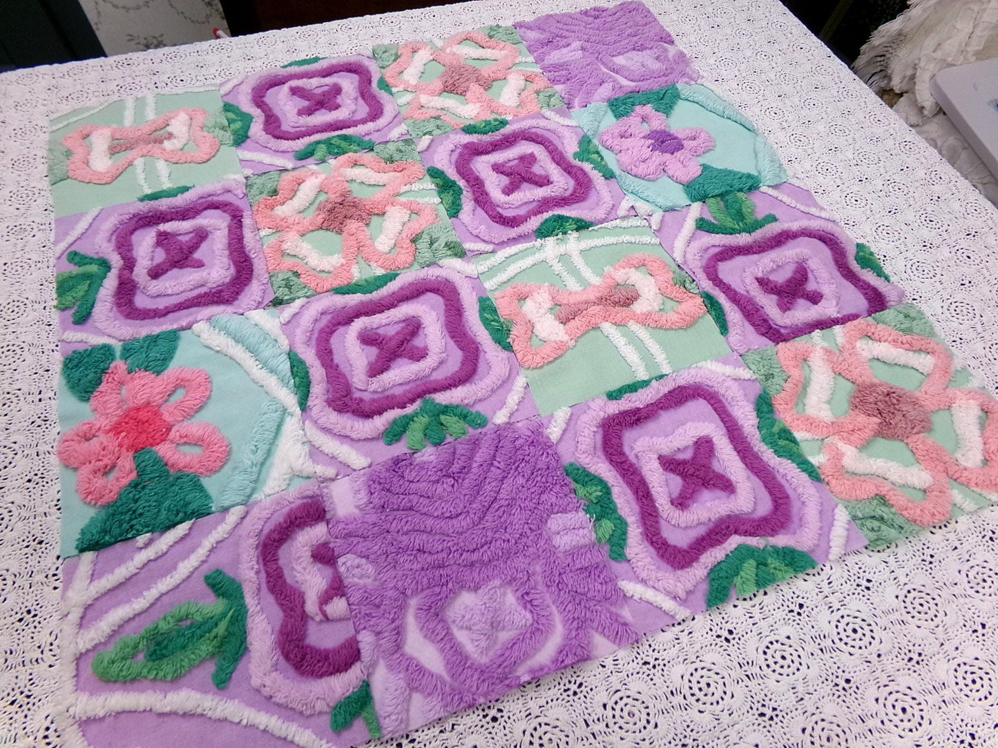 fabulous flowers vintage chenille fabric squares, set of 16 lavender green quilt blocks 6" ea