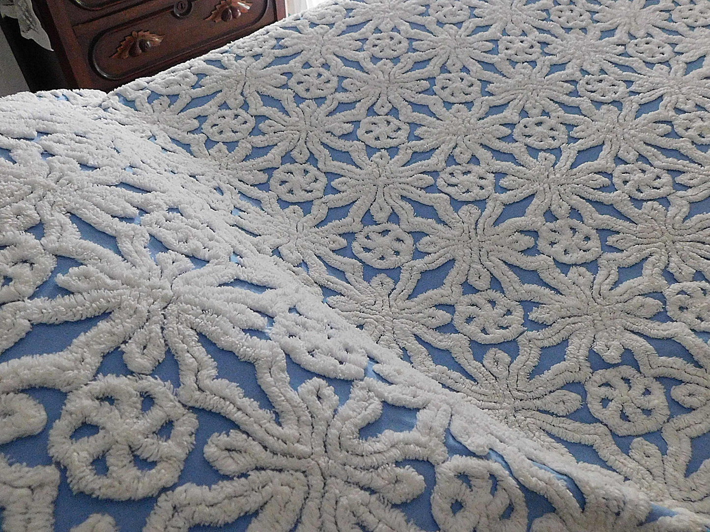 blue vintage chenille bedspread: icicle crystal white tufting, coastal cottage style full size cotton bedding