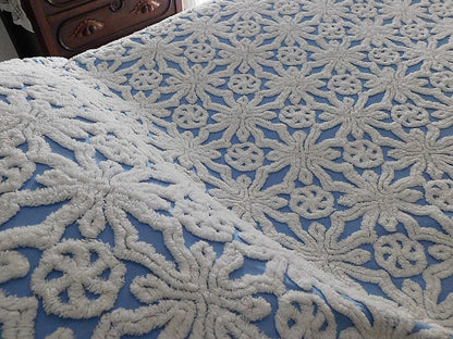 blue vintage chenille bedspread: icicle crystal white tufting, coastal cottage style full size cotton bedding