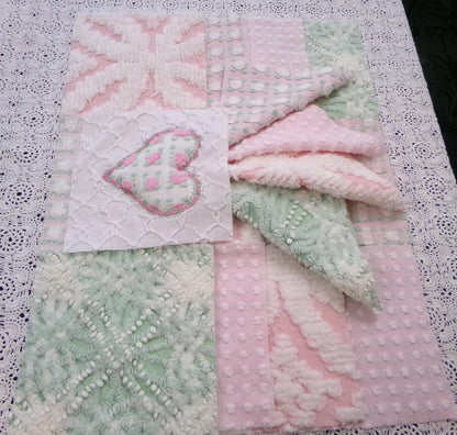 Vintage Chenille Quilt Squares, Pink Green, White 6" Fabric Blocks, Set of 17 for Quilting & Crafts