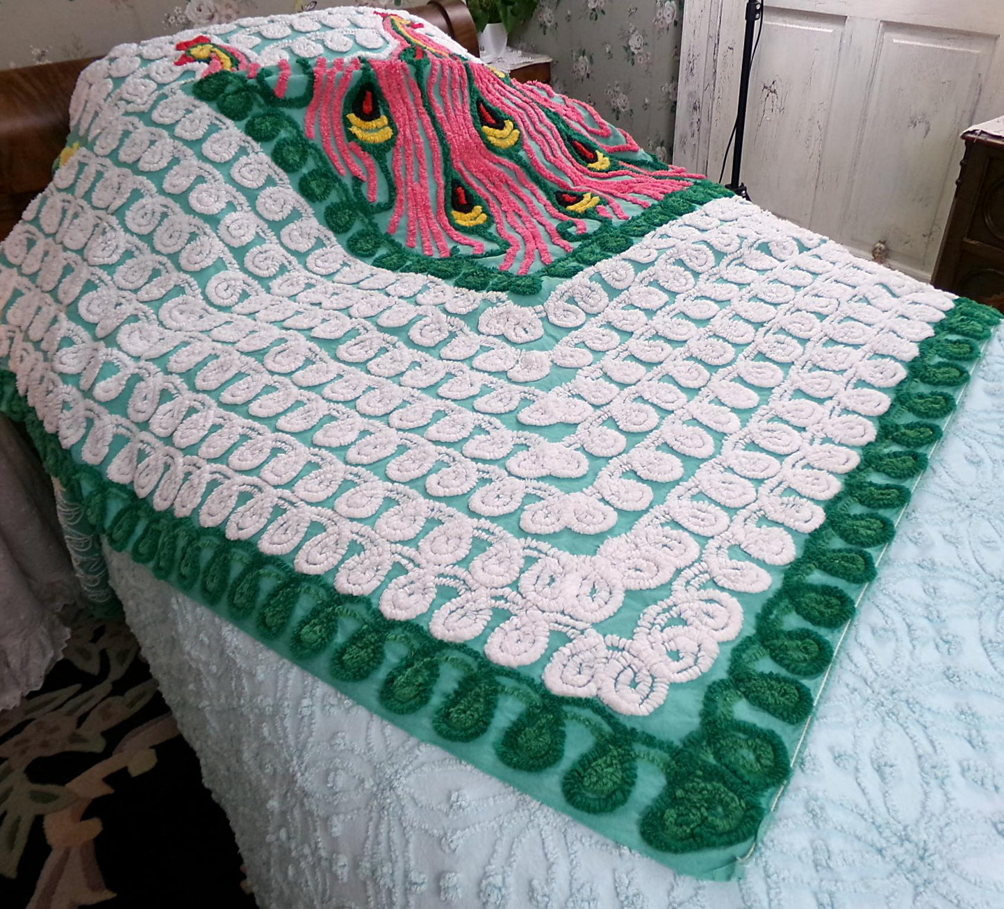 Green Peacock Vintage Chenille Bedspread, Full Size Pink Lovebirds & Swirls