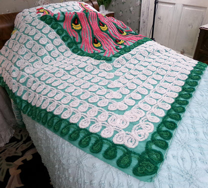 Green Peacock Vintage Chenille Bedspread, Full Size Pink Lovebirds & Swirls