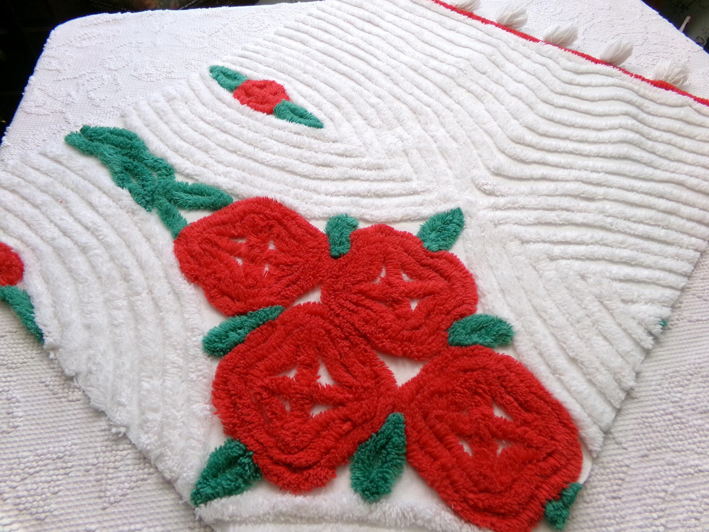 red cabbage rose vintage chenille fabric: 20" x 24" piece w/ white tufts & pom pom trim