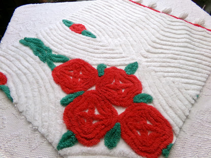 red cabbage rose vintage chenille fabric: 20" x 24" piece w/ white tufts & pom pom trim