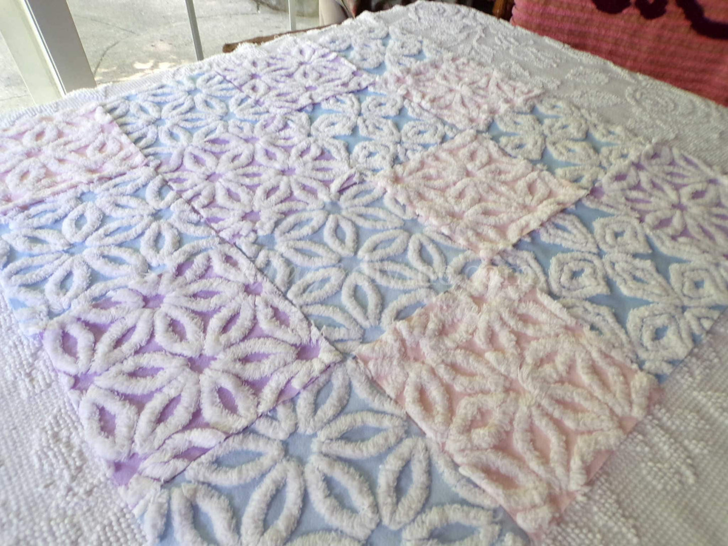 fluffy pastel vintage chenille fabric squares in pink, blue & lilac white, set of 16 quilt blocks, 6" x 6" inches each for quilting, crafts