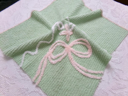 Peaceful Mint Green Vintage Chenille Fabric Pink Bow Star Lily, 19" x 18"