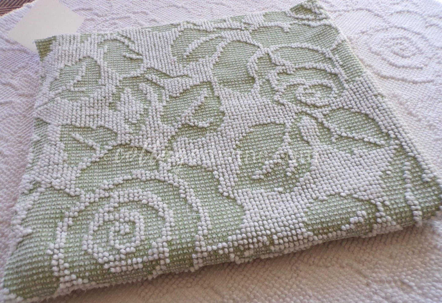 Sage Green Creamy White Cabbage Rose Chenille Fabric, 19" x 23" inch Piece, Vintage Fieldcrest Reversible Hobnail Design, Durable & Strong