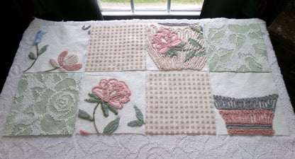 rose garden chenille fabric squares, set of 8 vintage 7.5" quilt blocks, neutrals & chic florals, for sewing, crafts, quilting