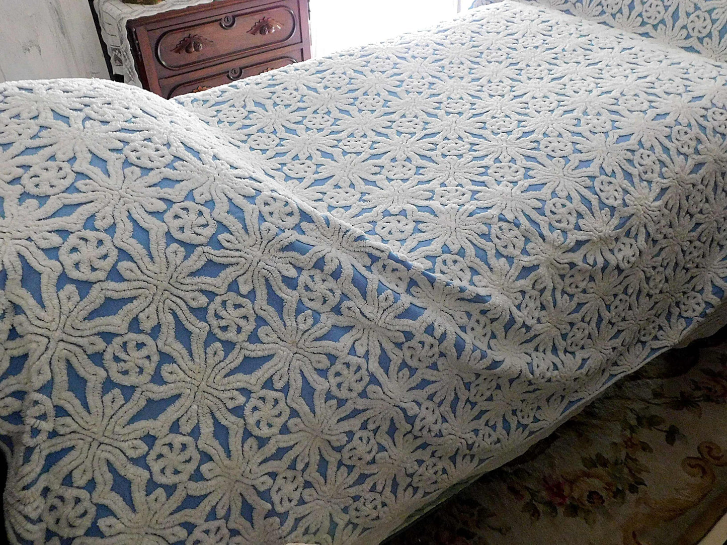 blue vintage chenille bedspread: icicle crystal white tufting, coastal cottage style full size cotton bedding