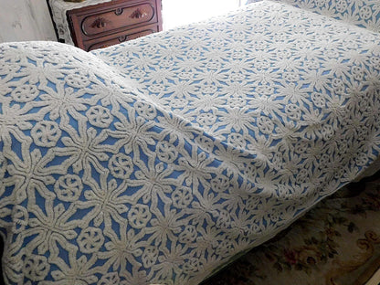 blue vintage chenille bedspread: icicle crystal white tufting, coastal cottage style full size cotton bedding
