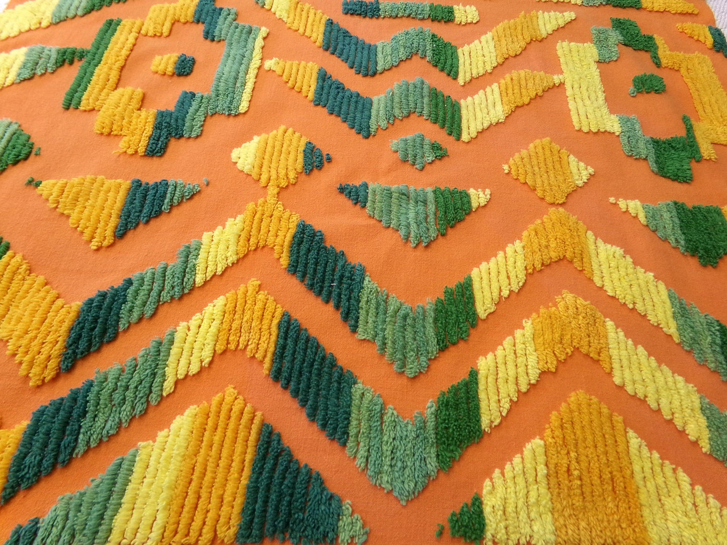 ethnic boho Southwestern vintage chenille fabric, vivid Aztec design, 20" x 24" piece of orange cotton sewing material for pillows, quilts