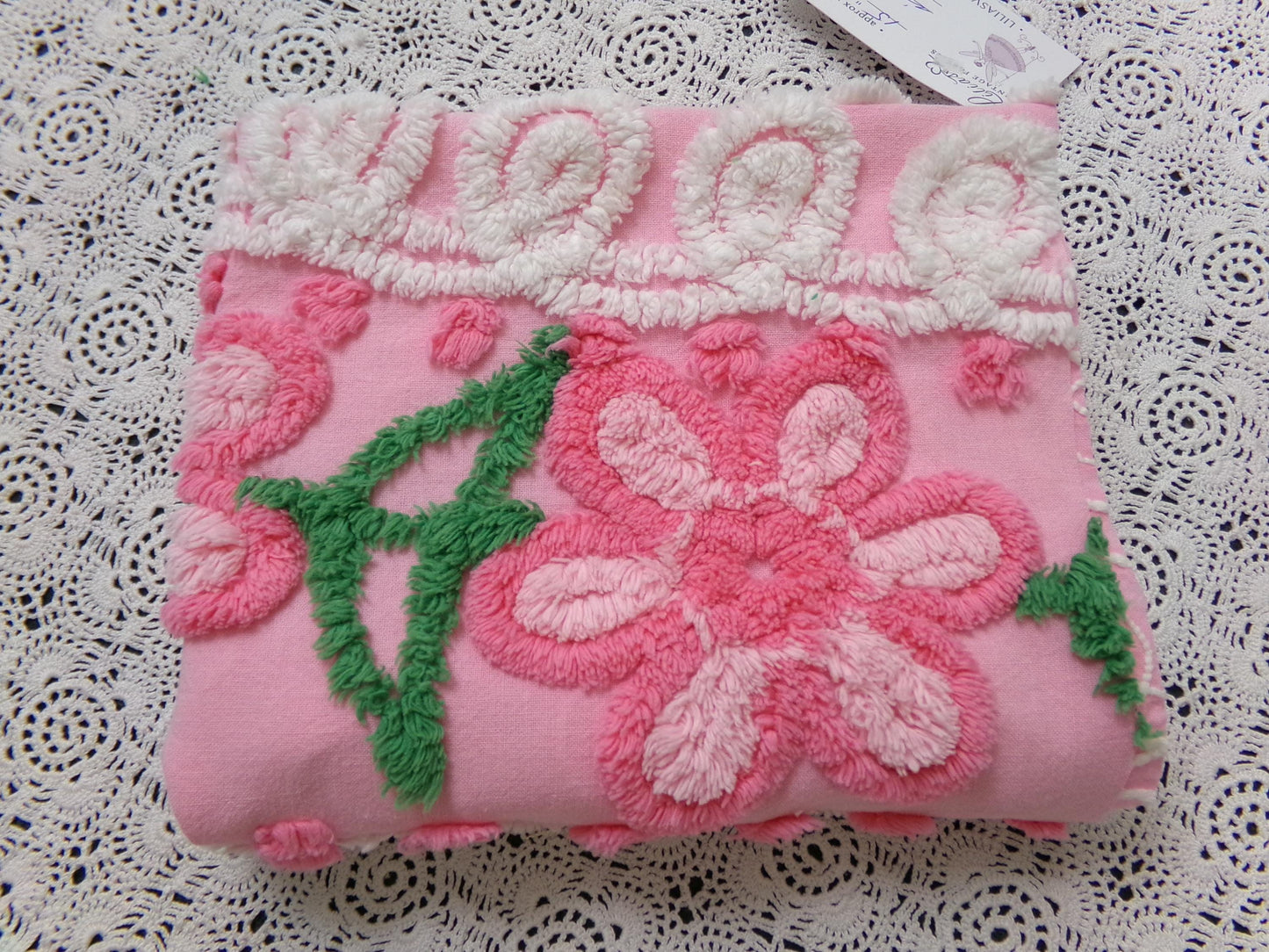 Peeking Pink Flowers Vintage Chenille Bedspread Fabric, 15" x 26" piece