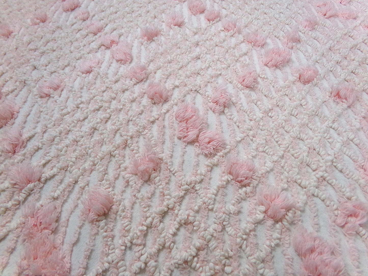 Blush Pink White Vintage Chenille Bedspread Fabric 18x24" Geometric Diamond Puffs