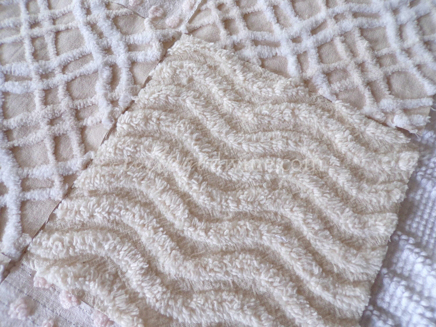 Cream Latte Quilt Squares Set from Vintage Chenille Bedspread Fabric, 16 Blocks, 6" x 6" inch, Neutral tones