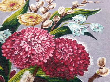 Pussy Willow Dahlia Bouquet Vintage 1940s Barkcloth Fabric Botanical Floral 21" x 19" Piece