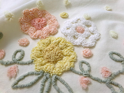 cottage floral vintage chenille fabric, buttercup yellow quilt sewing material, large 20" x 40" piece