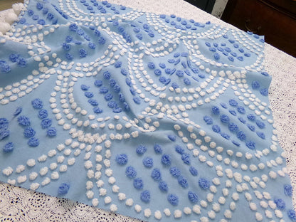 Blue Shell Scallops Vintage Chenille Bedspread Fabric Coastal Pops 24x26"