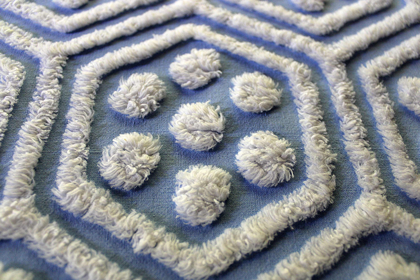 coastal cute vintage blue & white chenille fabric, reversible geometric hexagon dot design, 25" x 29" cut piece of sewing material