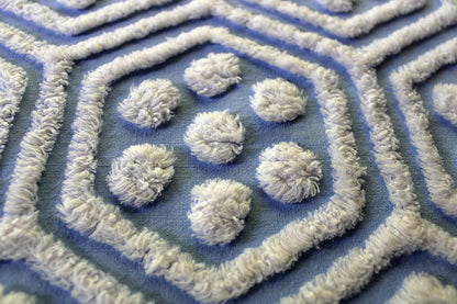 coastal cute vintage blue & white chenille fabric, reversible geometric hexagon dot design, 25" x 29" cut piece of sewing material