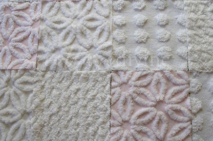 Baby's Breath Chenille Fabric Squares Set in White & Pink, Cut from Vintage Chenille Bedspread Material, 16 Blocks, 6" x 6" inch each