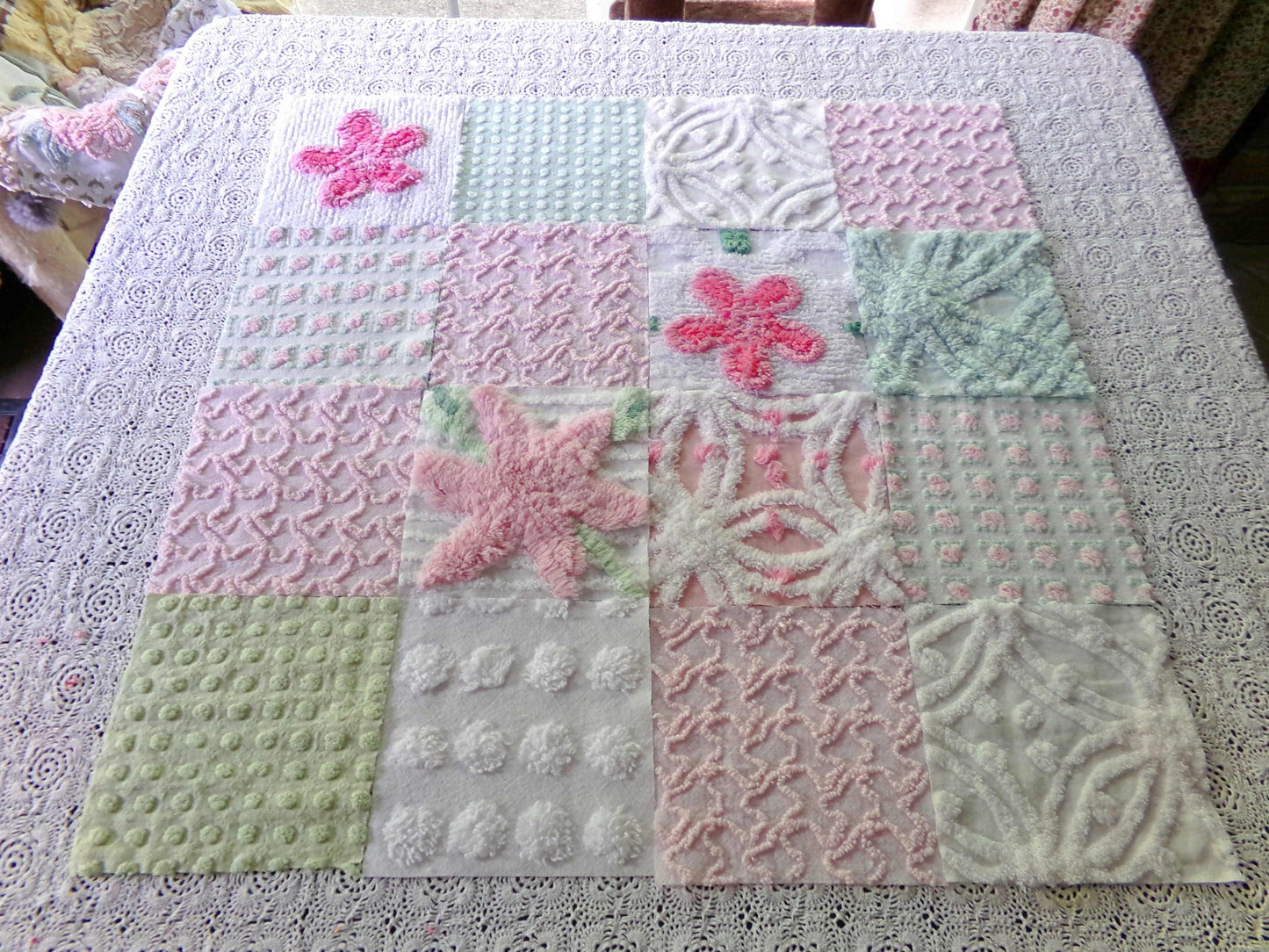 chenille 6" fabric squares, set of 16 vintage quilt blocks in joyful springtime colors of pink, green & white floral and geometric