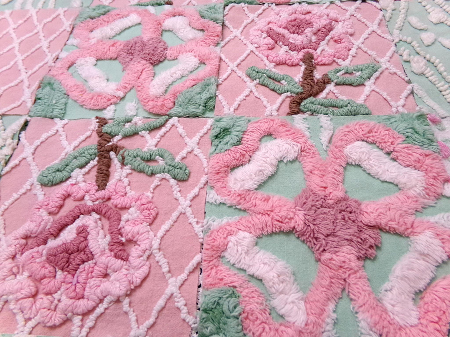 fresh cut roses vintage chenille fabric squares, set of 16 pink green quilt blocks 6" ea