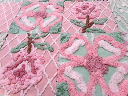 fresh cut roses vintage chenille fabric squares, set of 16 pink green quilt blocks 6" ea