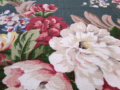 Vintage 1940s Style Repro Barkcloth Fabric Dark Green Cottage Garden Floral, 15.5" x 26"