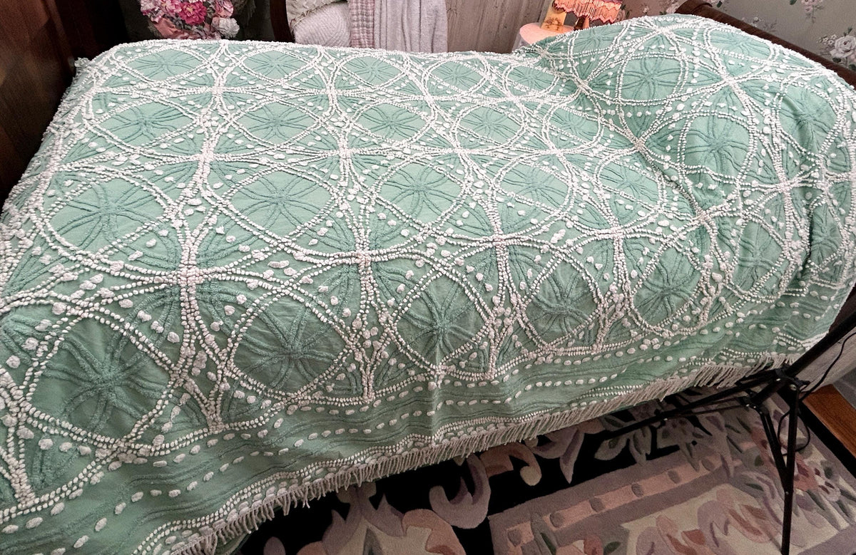 Vintage Chenille Bedspread Shabby Twin Jade Green White Spiderweb Starburst