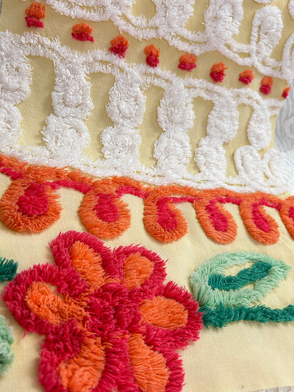 Happy Yellow Vintage Chenille Bedspread Fabric, Boho Red Flower Curlicues 13x25"