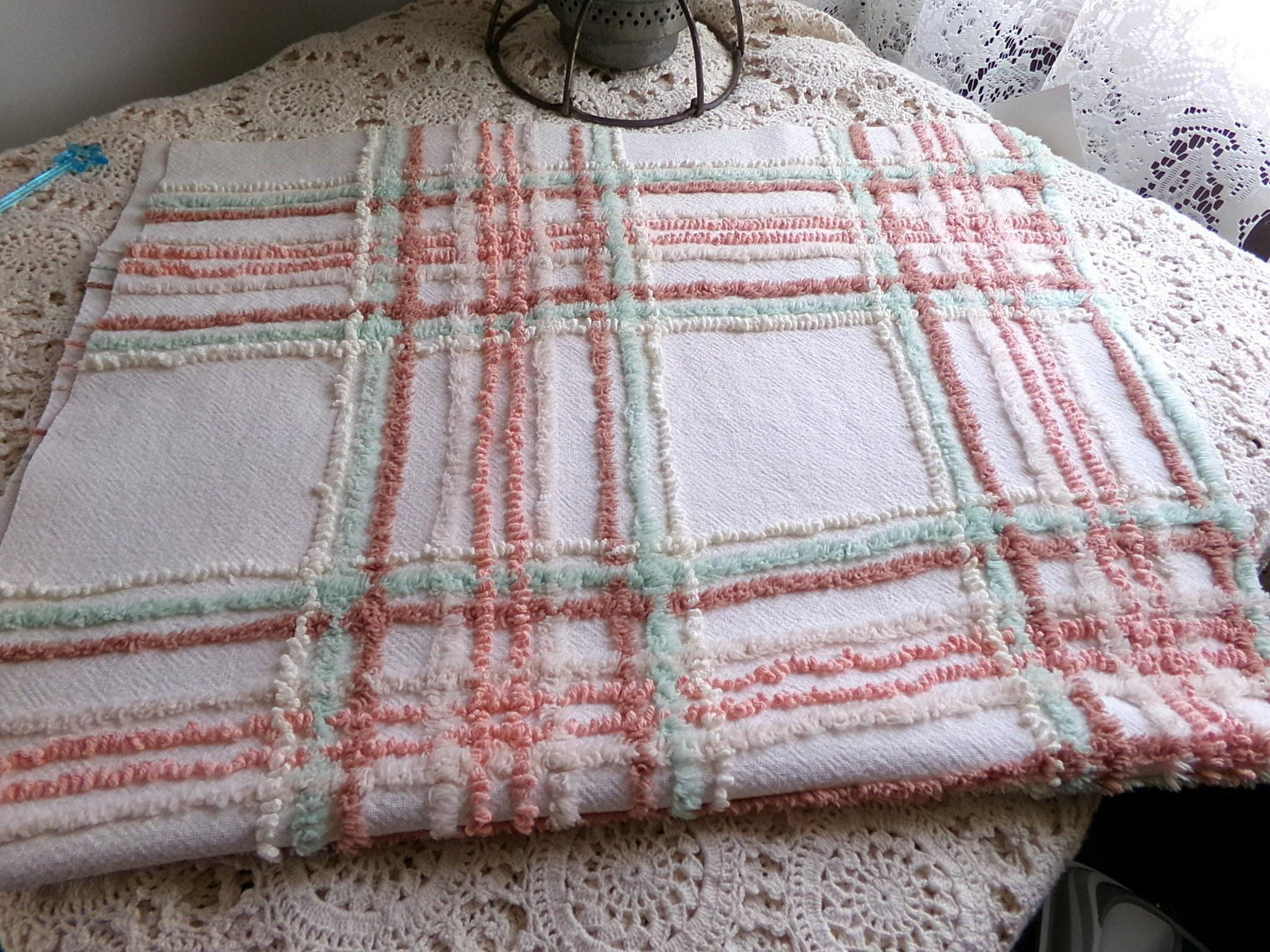 country plaid vintage chenille bedspread fabric cotton sewing material 20.5x26"