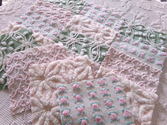 vintage chenille fabric quilt squares, "granny's garden" set of 16 blocks, 6" x 6" inch, pretty in rag quilts & patchwork pillows