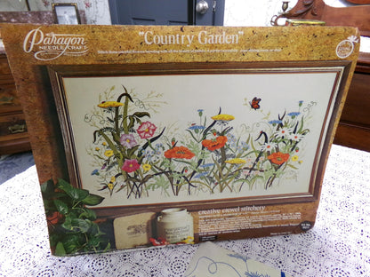 COUNTRY GARDEN Crewel Stitchery Kit, Vintage 0511 Paragon Embroidery Boho Meadow Scene Wall Hanging
