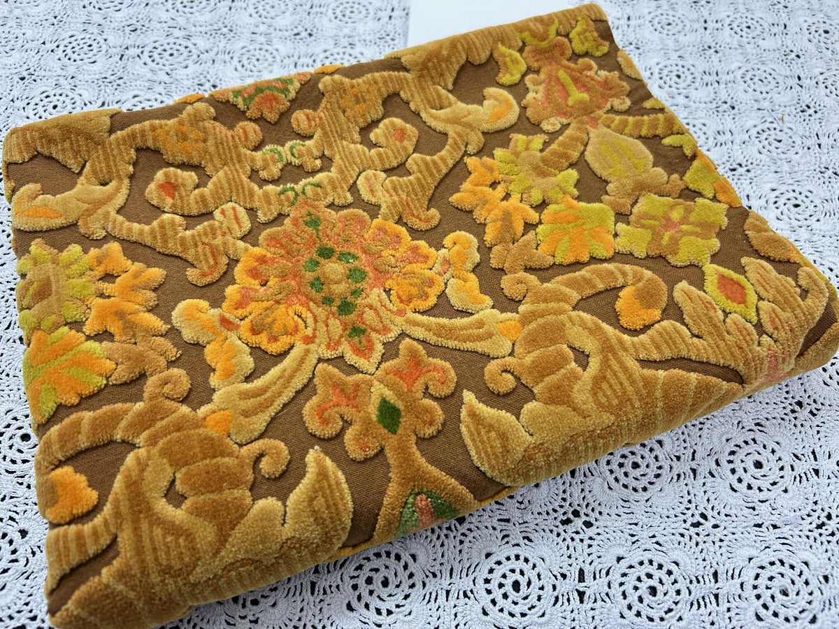 Vintage Cut Velvet Fabric, Copper Brown Boho Tapestry Style Chenille Material 31x21"