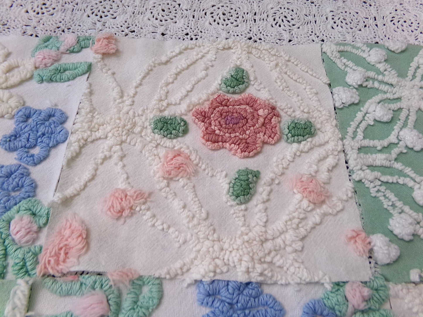 Floral Vintage Chenille Quilt Squares, Flower Medley 6" Fabric Blocks, Set of 17 for Quilting & Crafts