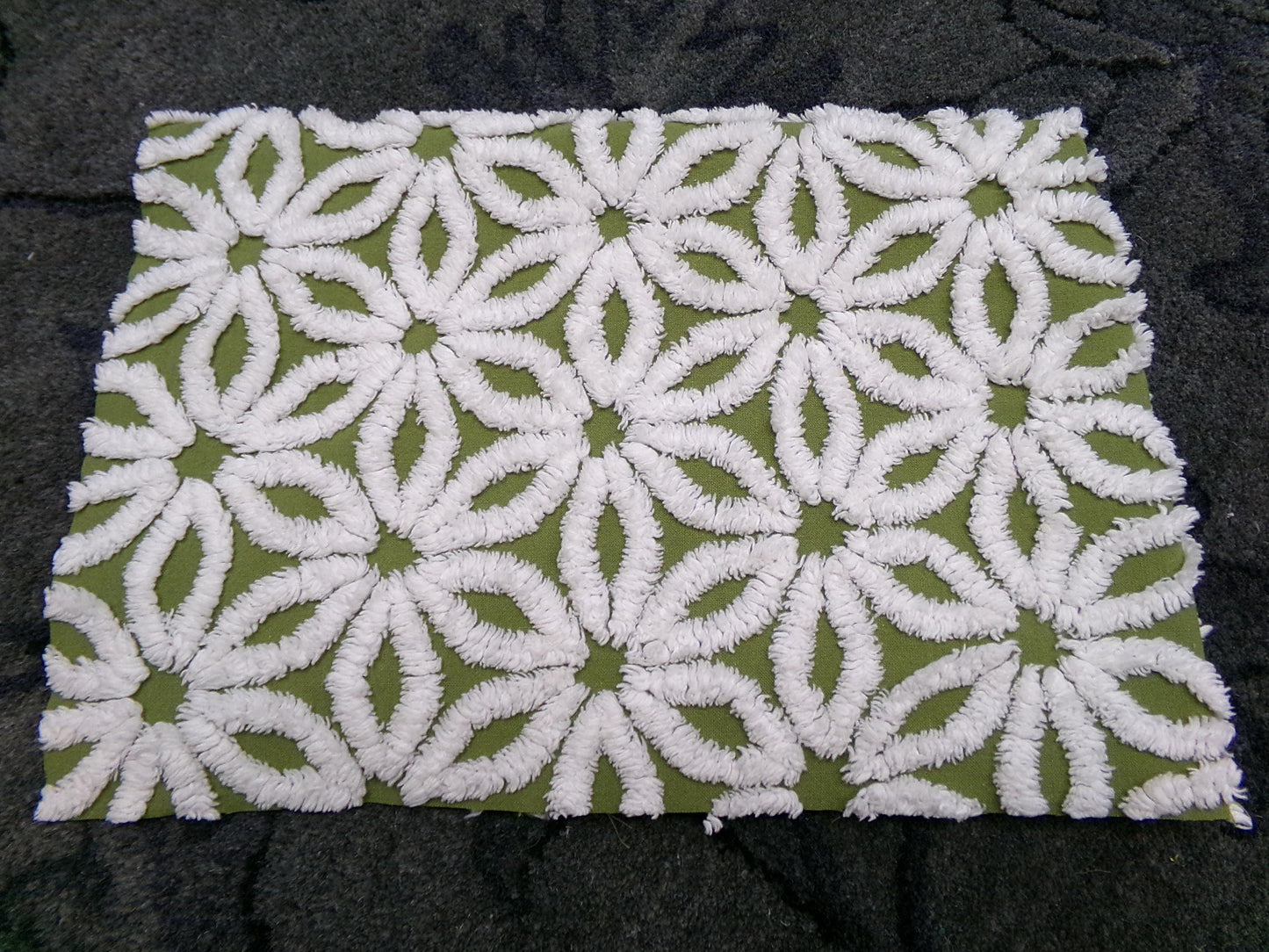 Vintage Green Chenille Fabric Boho Daisy Floral Craft Quilting Sewing Material, 18" x 24"