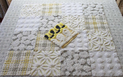 Sun & Clouds Vintage Chenille Fabric Squares, Set of 17 Rotary Cut 6" Quilt Blocks, Soft Yellow, White, Grey