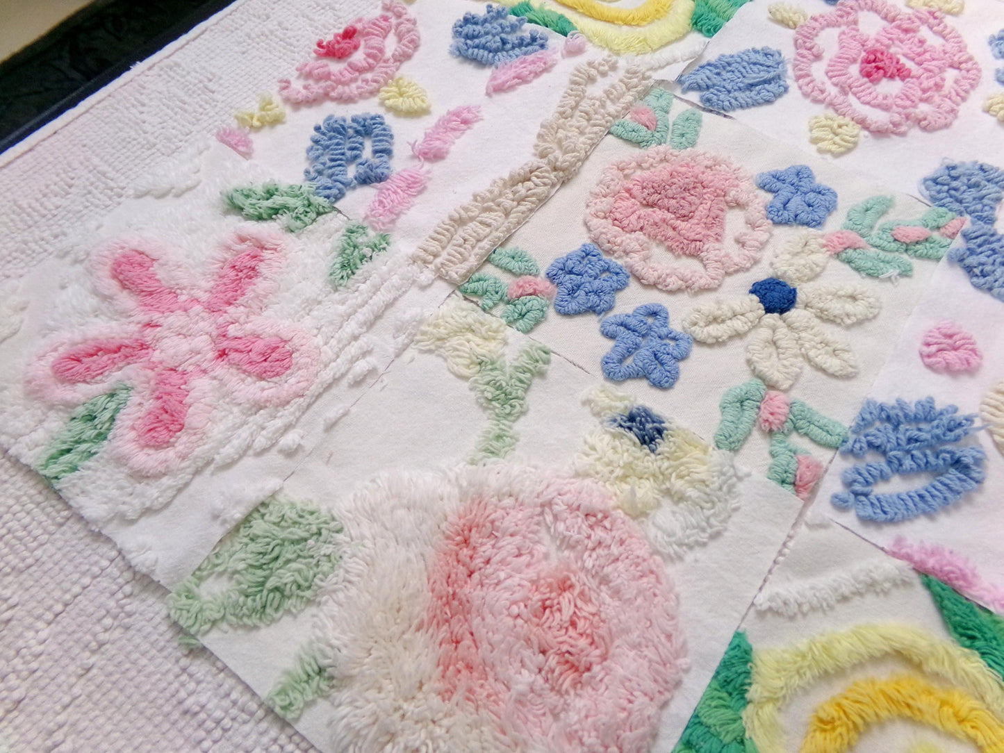 Vintage Chenille Fabric Squares Set of 16 Summer Wildflowers Floral Coordinating Quilt Blocks 6x6"