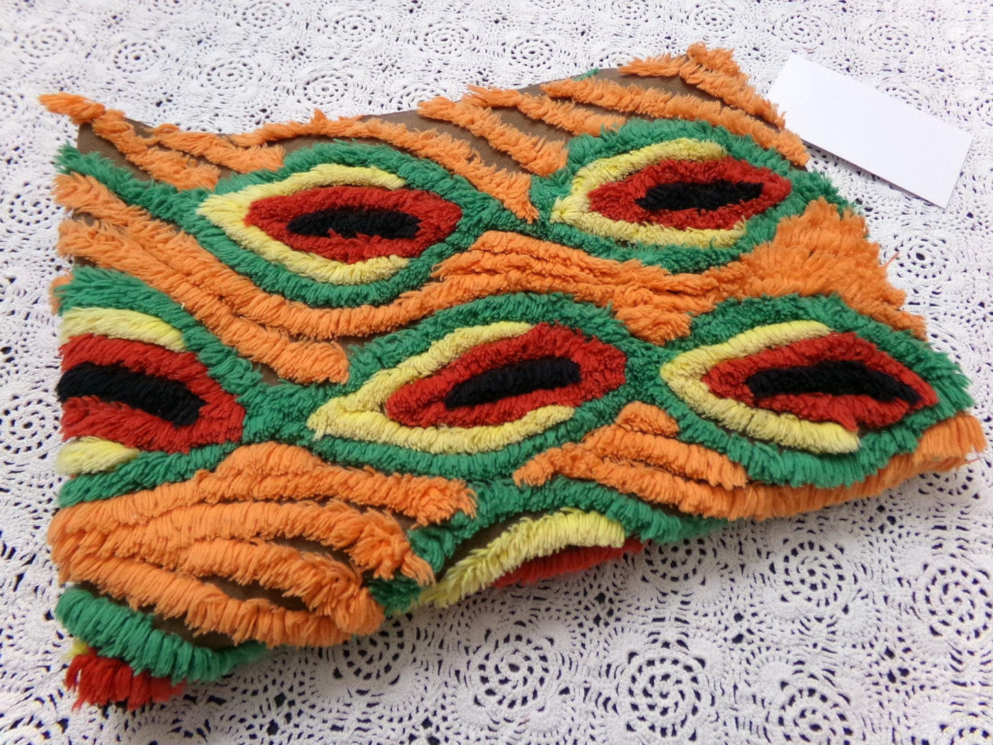 flame feathers vintage chenille bedspread fabric boho peacock plumes brown orange 14x20"