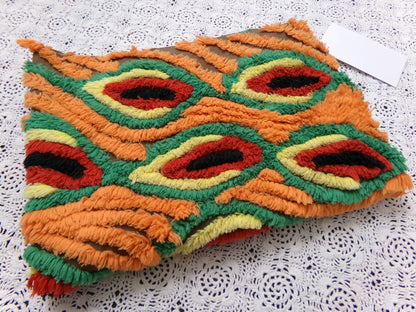 flame feathers vintage chenille bedspread fabric boho peacock plumes brown orange 14x20"