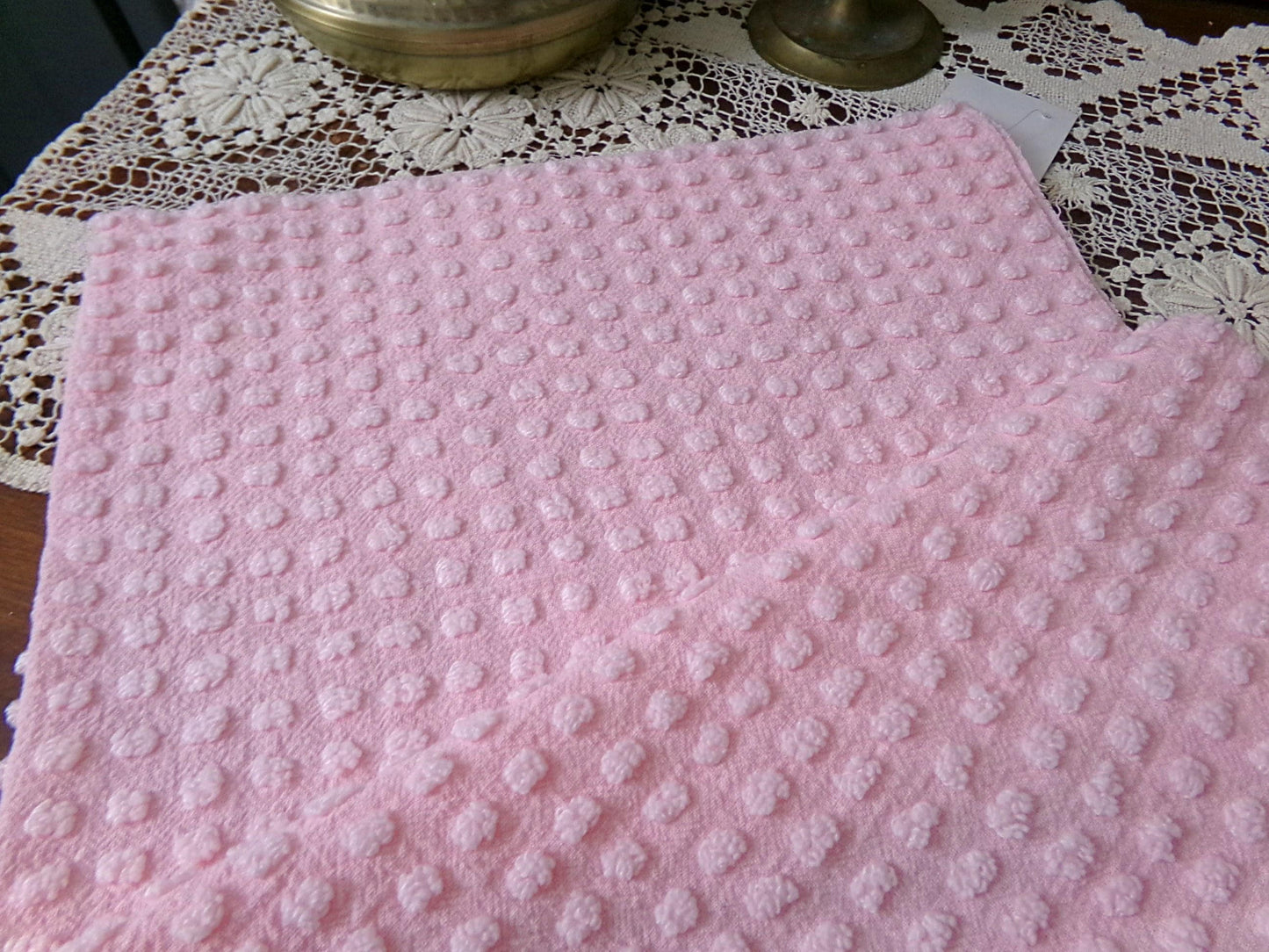 Pink Pops Vintage Chenille Bedspread Fabric Piece Popcorn Dots, 18" x 24"