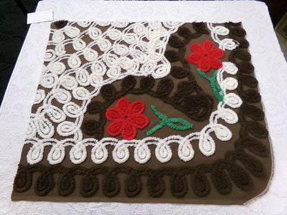 Chocolate Brown Vintage Chenille Bedspread Fabric, cherry red flowers & white swirls sewing material, 20" x 24"